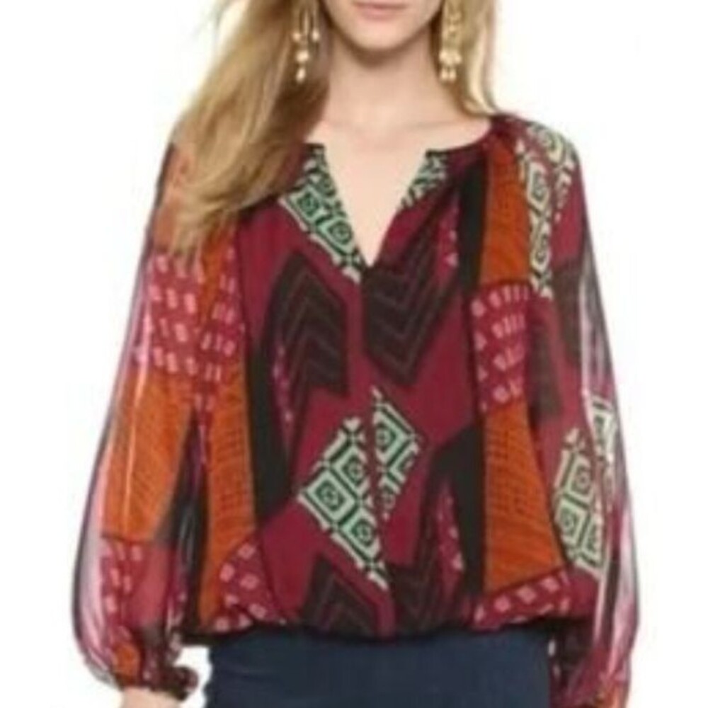 DVF Diane von Furstenberg Hathaway Silk Peasant Blouse Rose Ethnic Collage P XS